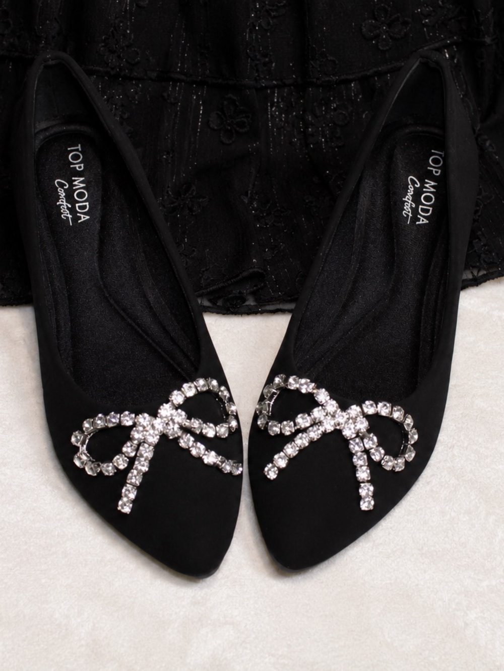 Black Embellished Bow Flats